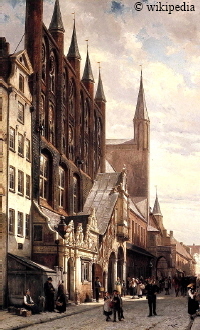 Das Lübecker Rathaus um 1885 von Cornelis Springer (1817–1891)  -   Für eine größere Darstellung auf das Bild klicken.