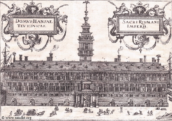 Das von 1564 bis 1568 durch Cornelis Floris erbaute Antwerpener Hansehaus wurde 1893 durch einen Brand zerstört.  -  Für eine größere Darstellung klicken Sie bitte auf das Bild.