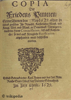 Titelblatt eines Druckes des Luebecker Frieden von 1629   -   Fr eine grere Bilddarstellung klicken Sie bitte auf das Foto